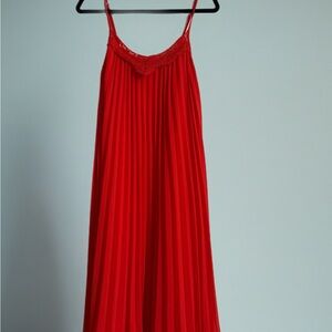 Lulus Red Orange in Celebration Pleated Dress with Lace